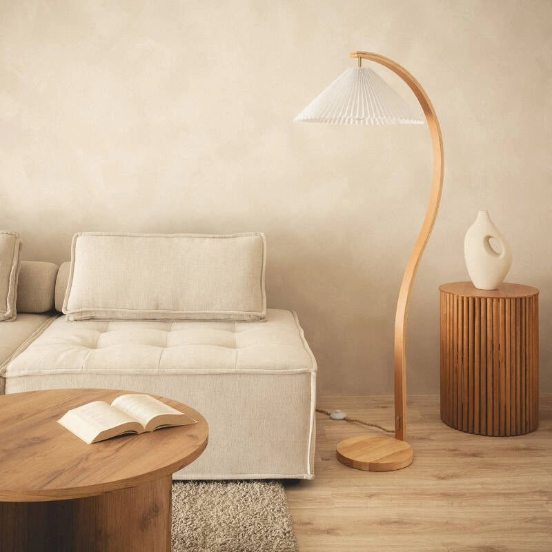 LÁMPARA DE PIE LUA B, ELABORADA A MANO CON MADERA NATURAL.
