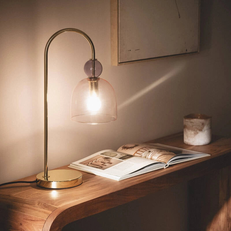 Lámpara de Mesa | Cristal Rosa y Metal | Diseño Vintage