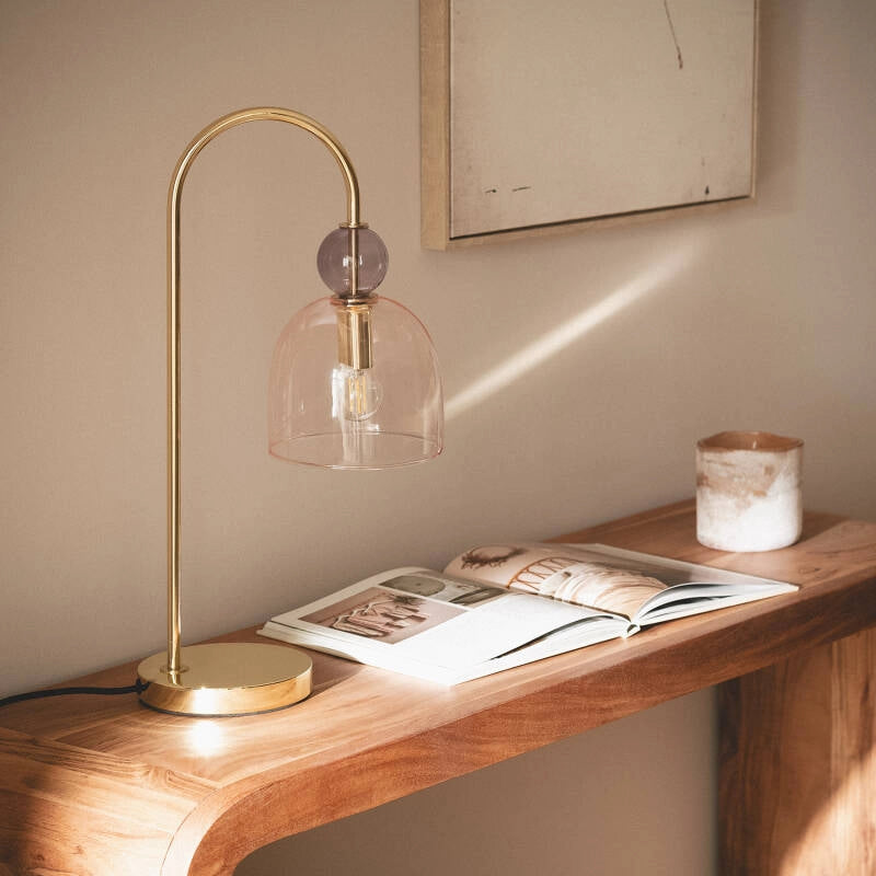 Lámpara de Mesa | Cristal Rosa y Metal | Diseño Vintage