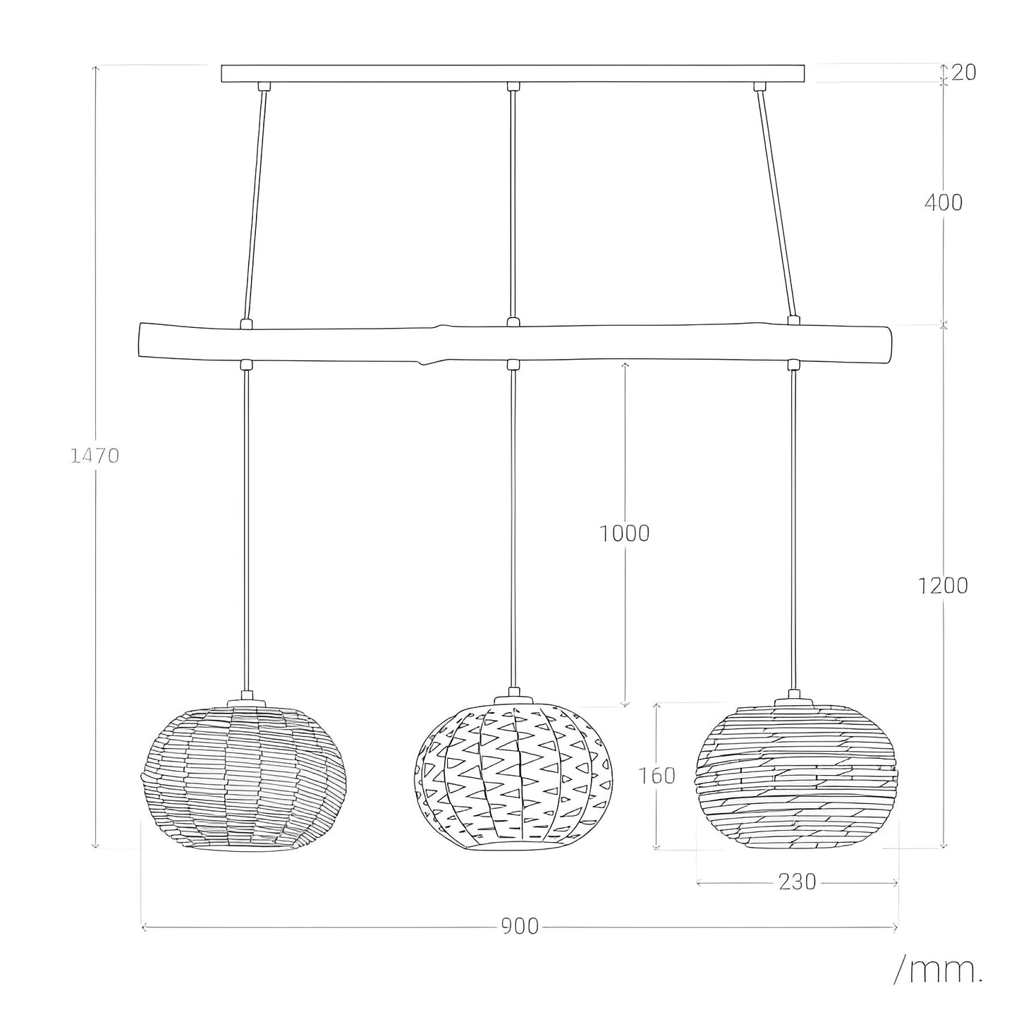 Lámpara colgante de ratán natural Diseño Boho-Chic artesanal