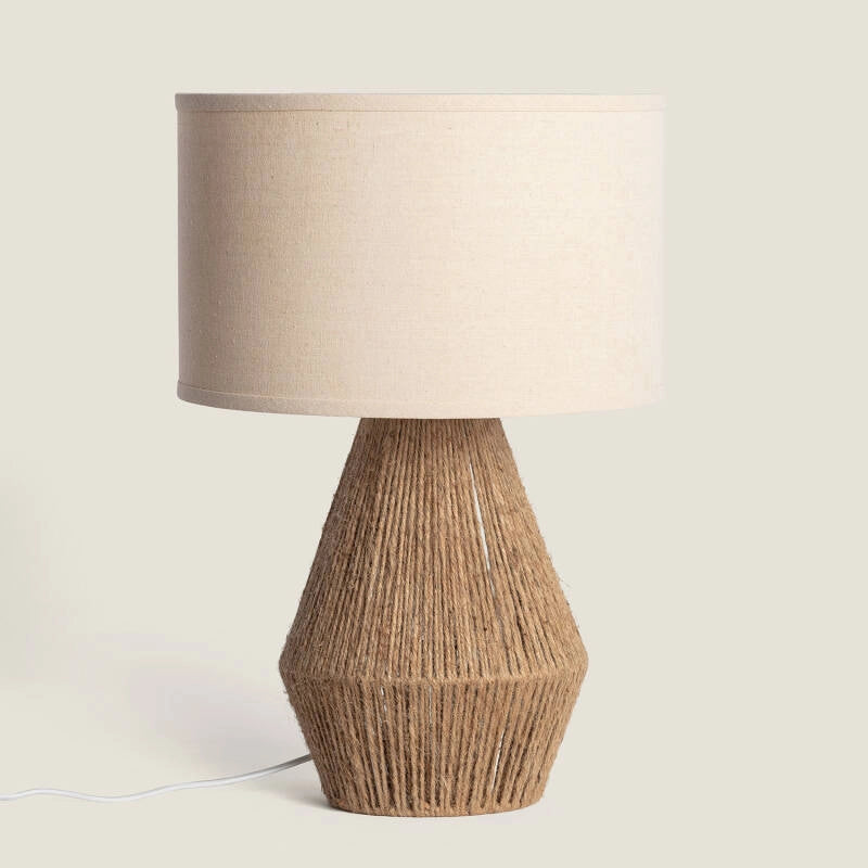 LÁMPARA DE MESA KEMUNING, ELABORADA A MANO CON LINO Y CUERDA NATURAL.