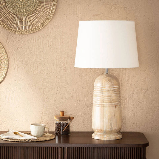 LÁMPARA DE MESA CARTAGENA, ELABORADA A MANO CON MADERA DE MANGO NATURAL.