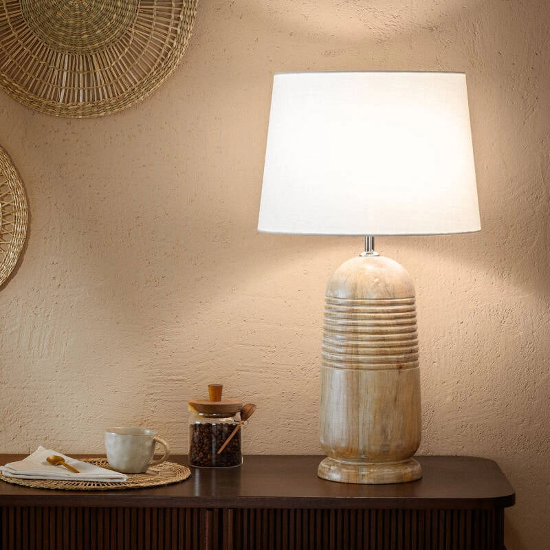 LÁMPARA DE MESA CARTAGENA, ELABORADA A MANO CON MADERA DE MANGO NATURAL.