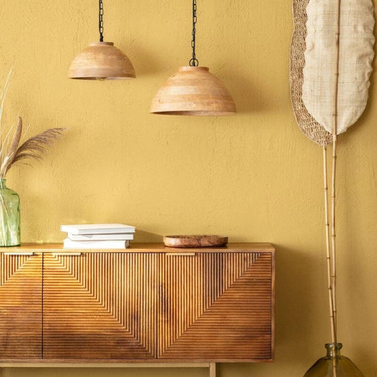 LÁMPARA COLGANTE COLECCIÓN LOMBOK S, ELABORADA A MANO CON MADERA DE MANGO NATURAL.