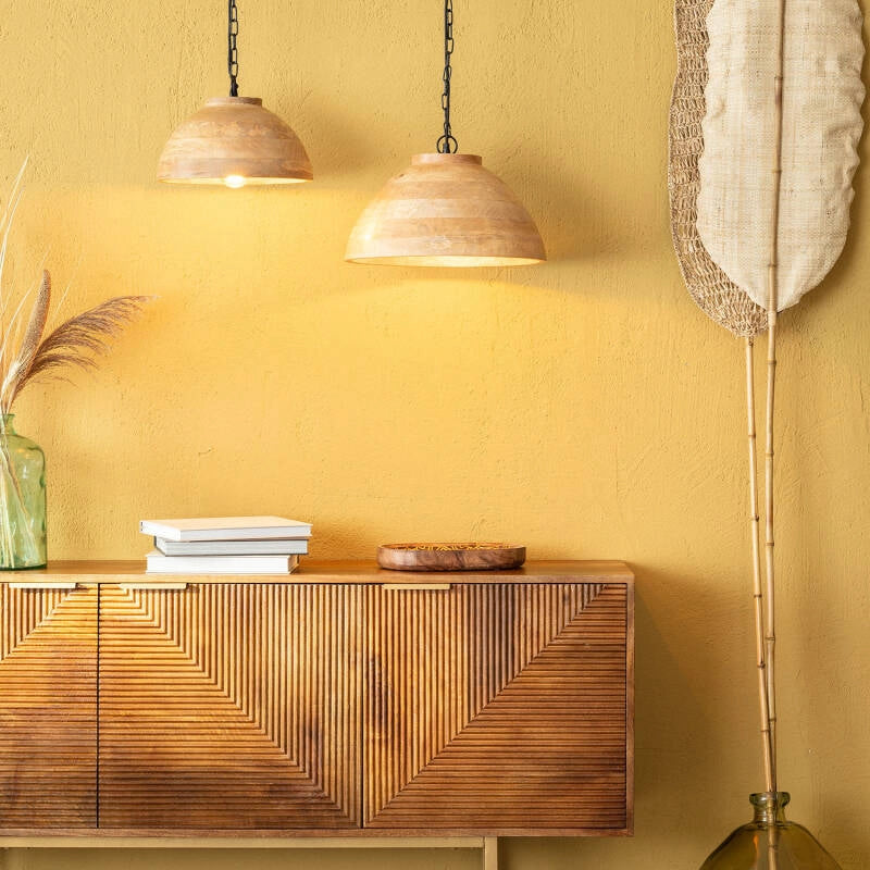LÁMPARA COLGANTE COLECCIÓN LOMBOK S, ELABORADA A MANO CON MADERA DE MANGO NATURAL.