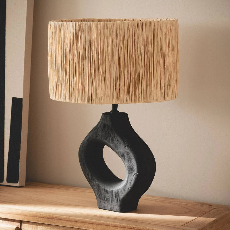 LÁMPARA DE MESA COLECCIÓN SHUI, ELABORADA A MANO CON MADERA DE MANGO NATURAL.