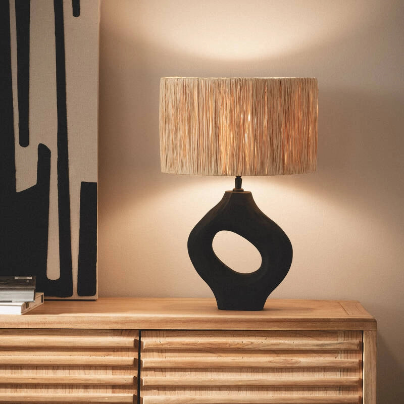 LÁMPARA DE MESA COLECCIÓN SHUI, ELABORADA A MANO CON MADERA DE MANGO NATURAL.