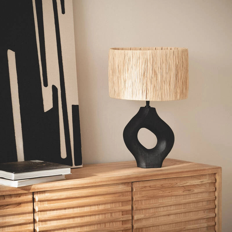 LÁMPARA DE MESA COLECCIÓN SHUI, ELABORADA A MANO CON MADERA DE MANGO NATURAL.