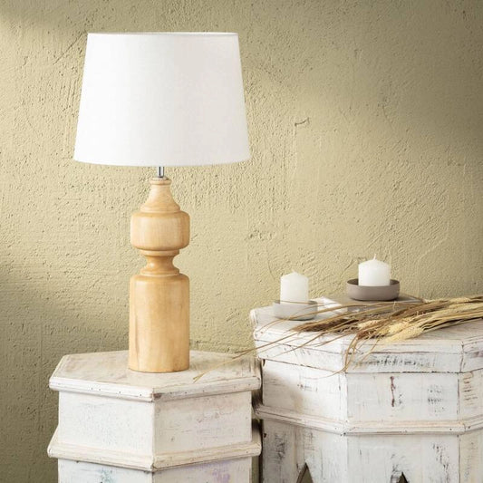 LÁMPARA DE MESA COLECCIÓN NADI, ELABORADA A MANO CON MADERA DE MANGO NATURAL.